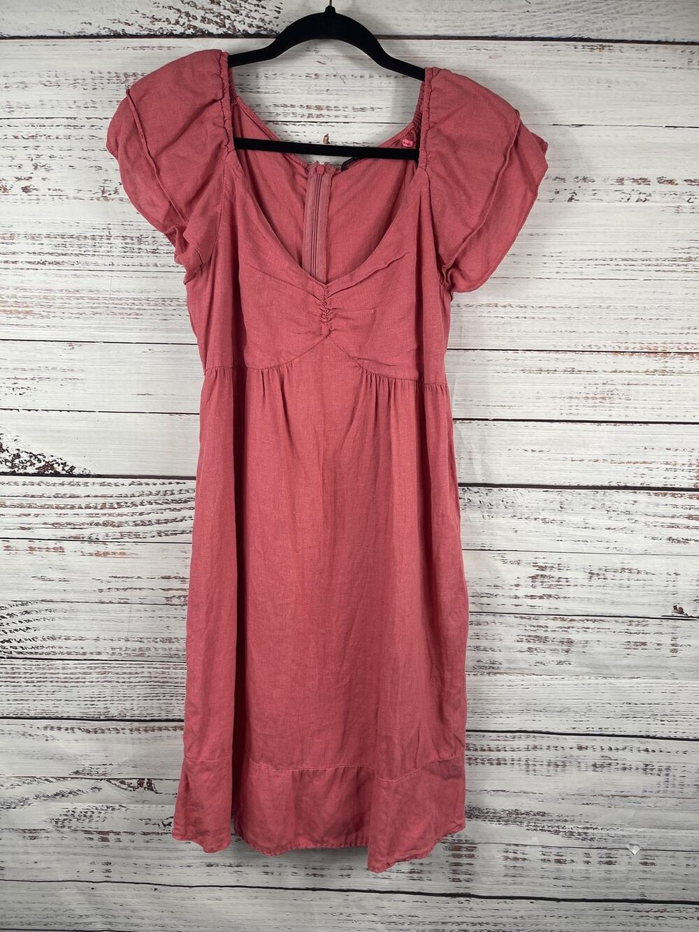 IKKS Women Dress 38 Size M Pink 100% Linen Puff Sleeve Ruched Empire Waist Midi
